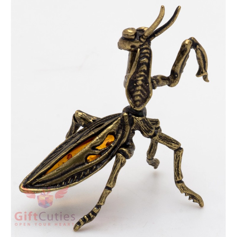 Solid Brass Amber Figurine of Praying Mantis Insect Totem talisman