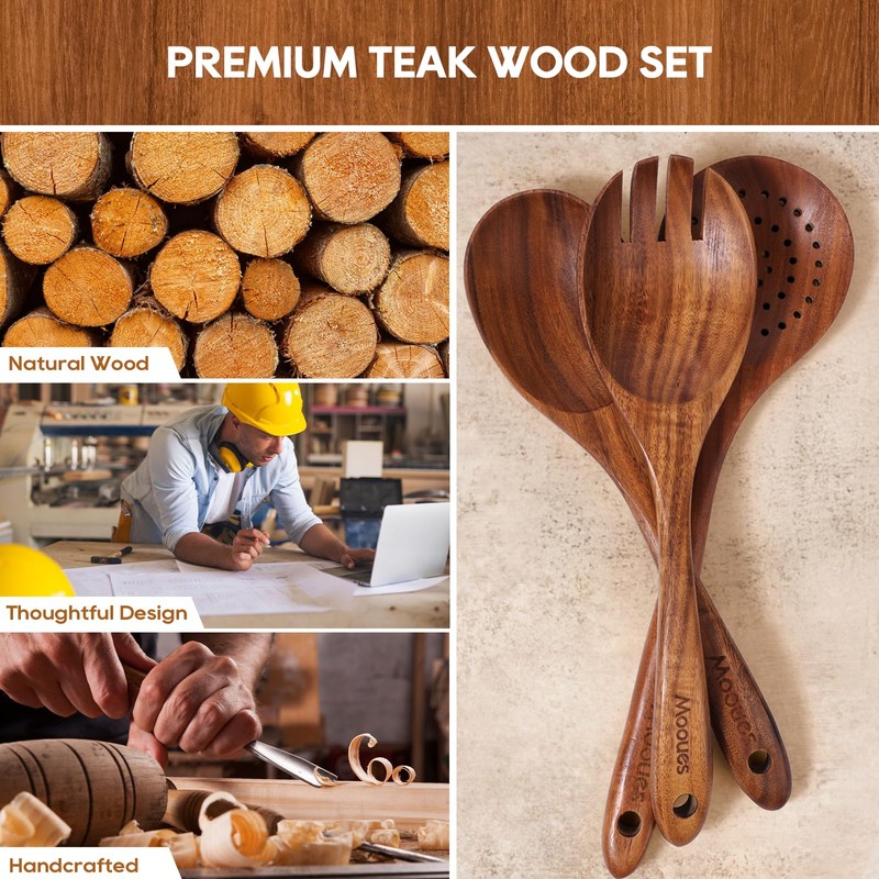Wooden Spoons for Cooking, 10PCS Teak Wood Cookware Utensil Set