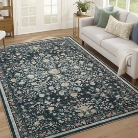 AMADA HOMEFURNISHING 6x9 Area Rugs, Washable Low-Profile Large Living Room Rug with Non-Slip Backing & Durable Edge Binding, Soft Vintage Rug for Bedroom, Dinning Room, Home Office