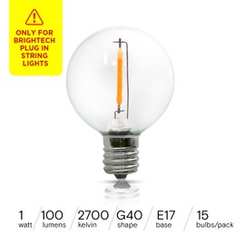 Brightech Ambience PRO Replacement LED Light Bulbs, Plastic 1 Watt LED Edison-Inspired Exposed Filaments Bulbs, G40/G45 Energy Efficient Outdoor String Lights Bulbs - 15 Pack