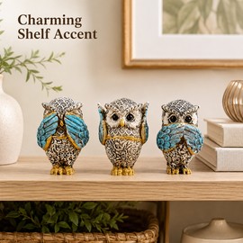 3-Piece Resin Owl Figurine Set – See Hear Speak No Evil Mini Owl Statues, Decorative Shelf & Desk Accents