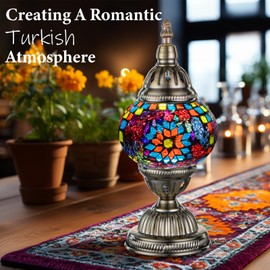 Marrakech Turkish Table Lamp with Bronze Base，Handmade Colorful Moroccan Tiffany Style Mosaic Glass Night Stand Light Fixture Including LED Bulb for Living Room Bedroom Decor