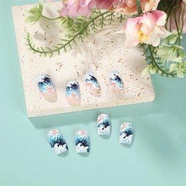 French Tip Press on Nails Short Square Fake Nails Blue Ocean White Waves False Nails Seaside Waves Designs Stick on Nails Cute Full Cover Artificial Nails for Women Girls Manicure 24 Pcs