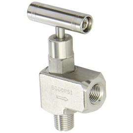 PIC Gauge NV-SS-1/4-GS-90-MXF 316 Stainless Steel 90° Angle Needle Valve with Gas Service Seat, 1/4" Male NPT x 1/4" Female NPT Connection Size, 6000 psi Pressure