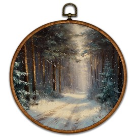 BCUANGD Winter Round Wall Art Decor - Vintage Winter Landspace Wall Art Canvas Frame Artwork Prints, Rustic Xmas Holiday Cottage Round Wall Hanging Decorations for Home Farmhouse Bedroom, 10"x10"