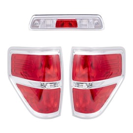 Brock Replacement Driver and Passenger Side Tail Light Units with Chrome Trim & 3rd Brake Light Unit 3 Piece Set Compatible with 2009-2014 Ford F-150 Styleside