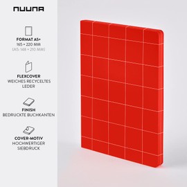 Nuuna Notebook A5+ | Break The Grid L Light - Red | 82 Creative Grids | 160 Pages | 120 g Premium Paper | Red Leather | Sustainably Produced in Germany