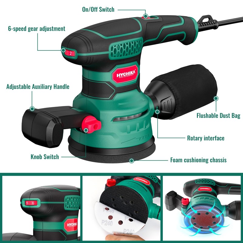 Orbital Sander 3.8Amp 450W, HYCHIKA 6 Variable Speeds Double Handle
