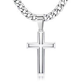 Besteel 925 Sterling Silver Cross Necklace for Men Women 5mm Big Beveled Edge Men's Stainless Steel Diamond Cut Curb Cuban Link Chain Crucifix Cross Pendant Jewelry 20 Inches