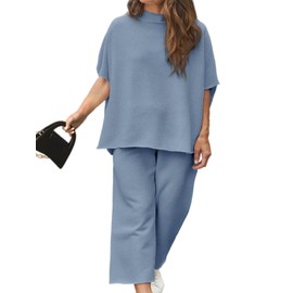 Beautife Women's Plus Size 2 Piece Outfits 3/4 Batwing Sleeve Capelet Crew Neck Pullover Top Wide Leg Pants Lounge Set Blue
