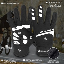 WESTWOOD FOX Cycling Gloves for Men and Women Full Finger Non-Slip Breathable Touchscreen Mountain Bike Gloves for MTB Riding BMX ATV Road Racing Cycling Climbing