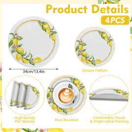 Washable Place Mats, Set of 4, Lemon Round Placemats, Diameter 38 cm, PVC Placemats, Non-Slip, Heat-Resistant, Decor for Kitchen, Dining Table, Holiday, Party
