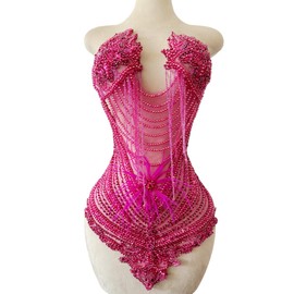 BD.SUN Handmade Sewing Tassel Beads Patches Rhinestones Bodice Applique with Ostrich Feather Decoration Shining Dress Clothing Accessories 17X27.5inches (Rose red)