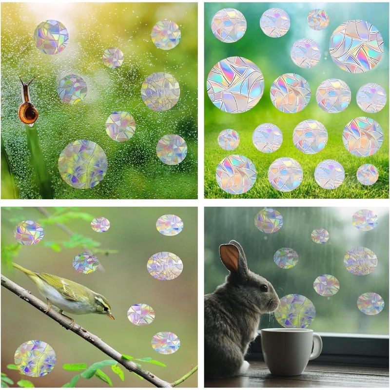 65 Pcs Round Prism Window Stickers, BetterJonny Bird Protection, Rainbow