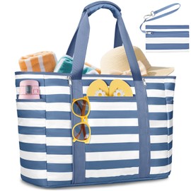 KTUEOV XXL Family Beach Bag, 45L Waterproof Beach Bag with Zip, 12 Compartments, Swimming Bag, Women's Lightweight and Foldable Beach Bag, Tote Bag, Shopper for Beach, Pool, Travel, Gym, lightblue