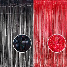 Foil Fringe Curtain Party Decorations - Black Red Metallic Tinsel Backdrop Party Steamers Curtains for Birthdays Halloweens Christmas Wednesday Stranger Theme Prom Holidays Parties Decorations