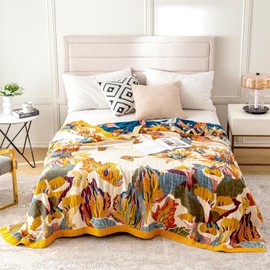 Boho Throw Blanket for Couch 100% Cotton Throw Blanket Floral Bed Blanket 80''x90'', Cotton Quilts Travel Blanket Knitted Muslin Blanket Home Decor Cozy Blankets for Women