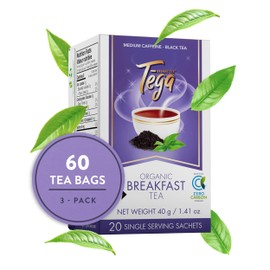 Tega Organic Breakfast Tea | Black Tea in Eco-Friendly Tea Bags, Fairtrade, Carbon Neutral, Zero Sugar, Medium Caffeine, 20 Individually Wrapped Tea Bags (Pack of 3)