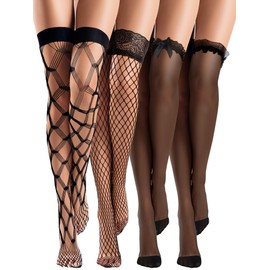 Bencailor 4 Pairs Fishnet Thigh High Stocking Silicone Lace Top Sheer over Knee Stocking Silky Stockings for Women