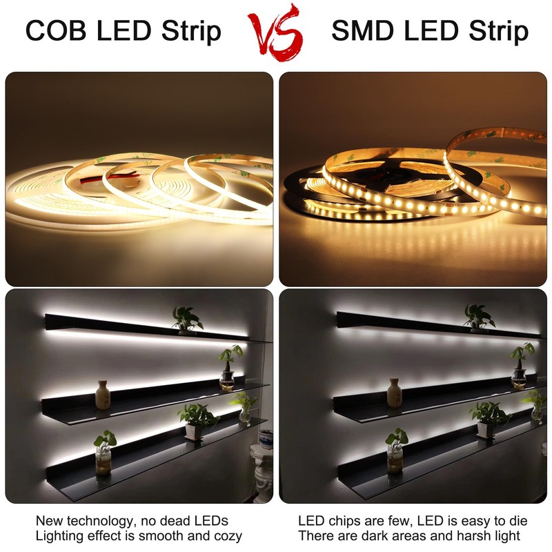 3mm COB Strip Light, DC 12V Golden Yellow 16.4ft Flexible
