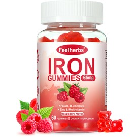 Iron Gummies for Women with Multivitamin, Iron Supplement for Women with Energy & Blood Builder, Raspberry Flavor Iron Vitamin Gummy with Folate, B Complex, Vegan 60 Gummies
