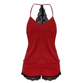 Celucke Women's Lace V Neck Pajama Set, Soft Sleepwear Comfortable Shorts Wear Breathable Nightwear Stylish Two Piece Outfit, Satin Pyjamas For Women, Pj Shorts Set, Ladies Comfort Lounge Wear Red