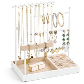 Emibele Jewelry Holder, Jewelry Organizer Stand Necklace Earrings Bracelet Holder, 5 Tier Bracelet Display Tower Rack with Metal Frame and Velvet Ring Tray, Aesthetic jewel Stand for Women, White