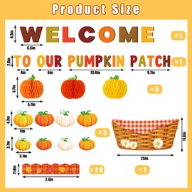 JarThenaAMCS 79Pcs Fall Bulletin Board Decoration Set Autumn 3D Pumpkin Basket Honeycomb Balls Cut-Outs Welcome to Our Patch Border Trims for Thanksgiving School Nursery Chalkboard Party Decor DIY