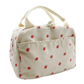 Stylish Corduroy Lunch Tote Bag for Women & Men - Reusable Insulated Lunch Box, Large Capacity, Perfect for Work, Picnic, Travel - Cute & Eco-Friendly (Beige Strawberry)