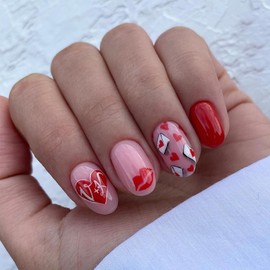 Red Love Heart Press on Nails Short Almond Valentines Day Fake Nails with Red Kisses Lip Design Love Heart Envelope False Nails Valentine Glue on Nails Artificial Stick on Nails for Women Girls 24Pcs