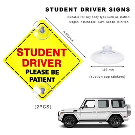 NYTKL 2 PCS Student Driver Sign for Car Window, 5x5 Inch Please Be Patient Student Driver Safety Sign Decal, Removable New Driver Safety Warning Sticker with Suction Cups (Red)