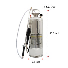 elfinrm 3 Gallon Stainless Steel Sprayer, 20 Wand & 3FT Reinforced Hose, Heavy Duty Hand Pump Sprayer with Pressure Gauge, Safety Valve and Adjustable Nozzle, for Lawn, Garden Watering (Silver-12L)