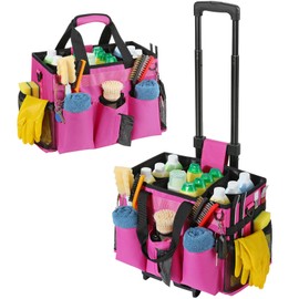 Housolution Rolling Cleaning Caddy Bag with Detachable Trolley, Professional Portable Large Cleaning Bag with Wheels, Wearable Cleaning Supply Bag on Wheels for Housekeepers, Rose Red