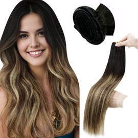 LaaVoo Real Hair Extensions Weft Blayage Black Hair Extensions Real Hair Extensions Weft Black Ombre Dark Brown and Light Blonde 30 cm Sew-in Extensions Real Hair Double Wefts 80 g #1b/4/27