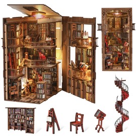 MiniCity MiniCity Book Nook Kit, DIY Miniature Dollhouse Booknook Kit, 3D Wooden Puzzle Bookend Bookshelf Insert Decor with LED Light for Teens and Adults (Abbey Library)