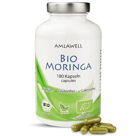 AMLAWELL Organic Moringa – 180 Capsules (500 mg Moringa per Capsule) with Valuable Proteins and Vital Substances
