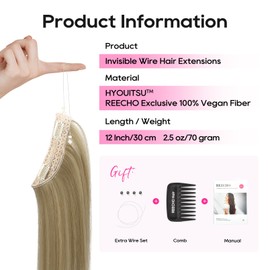 REECHO 12" Invisible Wire Hair Extensions with Thinner Softer Lace Weft Adjustable Size Removable Secure Clips in Short Straight Secret Hairpiece for Women - Light Ash Brown with Highlight