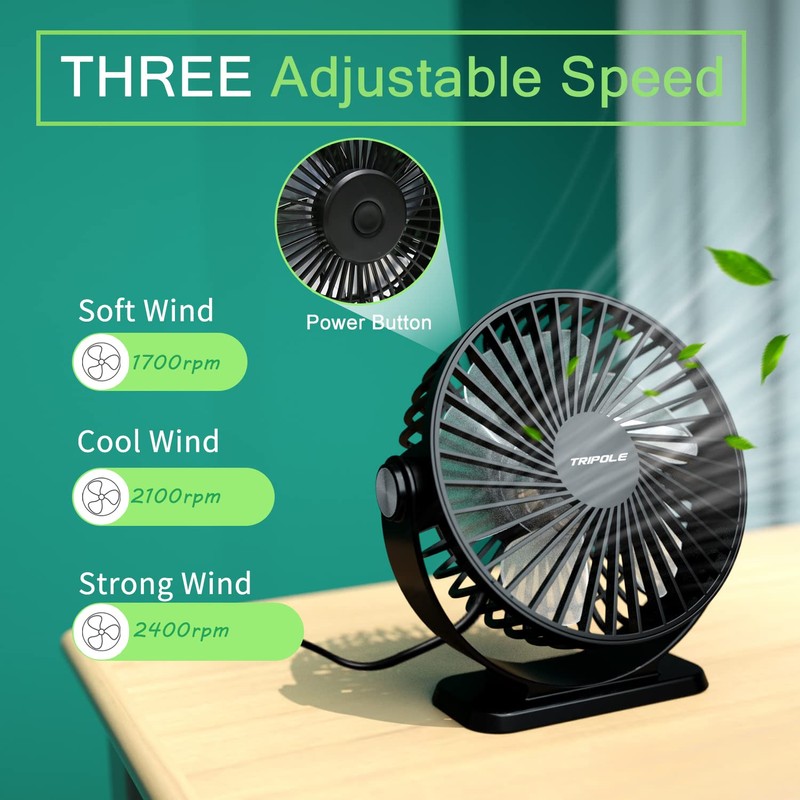 TriPole Desk Fan USB Powered 2 Pack Black Small Portable