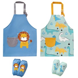 2 Pack Kids Apron for Boys Girls with Adjustable Strap Waterproof Toddler Aprons with Pocket Sleeves Set (1-3T, Dinosaur+Lion)