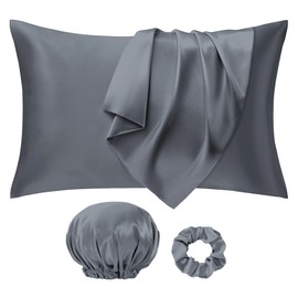 Seiwohl Silk Satin Pillowcase Soft as Silk Pillowcases for Hair and Skin Dark Grey Pillow Cases 2 Pack with Satin Scrunchies and Bonnet for sleeping, Cooling Pillow cases Envelope Closure, 50x75 cm