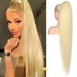 Flufymooz Ponytail Extension - Extension per coda di cavallo, lunghezza 91 cm, coda di cavallo dritta, con coulisse, capelli sintetici, per donna (biondo)