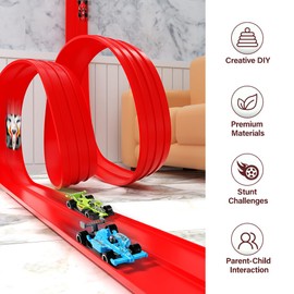 YANGUN 4m Car Track, Flexible Toy Car Track with 4 Cars and 12 Suckers, Roll Up Race Track, Attach to Windows Doors for Bumps Jumps Tunnels Loops, Gifts for Kids Toddlers