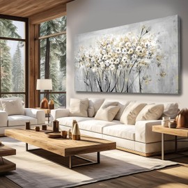 Flowers Canvas Wall Art White Paintings Grey Gold Contemporary Artwork Master Bedroom Wall Decor 29"x 58" Large Framed Art for Living Room Office Home Decor