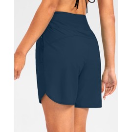 G Gradual - Pantalones cortos de natación de cintura alta para mujer, de 7 pulgadas, de secado rápido, con bolsillos con cierre, UPF 50+, pantalones cortos de playa para mujer con forro, Azul,