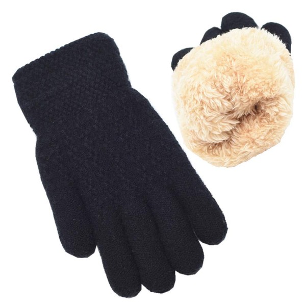 Winter Gloves for Boys Girls - Kids Warm Knit Thermal Cable Knitted Gloves Black Wool Fleece Lined Mittens for Cold Weather