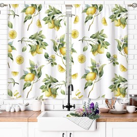 oolygoo Lemon Fruit Small Kitchen Curtains Green Yellow Leaf Summer Window Treatment Tropical Cafe Short Window Curtains for Bathroom Dining Laundry Room Floral Flower Treatment Drapes 27.5x39 inch