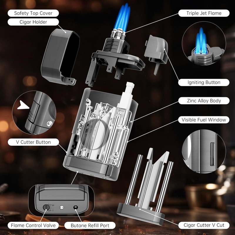 LIHTUN Multi-Function Cigar Torch Lighter - Built-in Cigar Holder &
