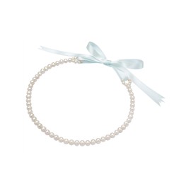 Valero Pearls Women's Pearl Necklace with Potato Freshwater Cultured Pearls 7-7.5 mm White and Satin Bow Mint Pearl Necklace with Satin Ribbon, freshwater-cultured pearls