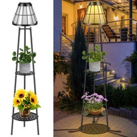 45.4'' Metal Outdoor Solar Floor Lamps 2 Pack, Waterproof Solar Lantern Lights with 2 Plant Stand, Solar Lights Plant Stand for Patio Deck Yard Pathway Porch Garden- Black