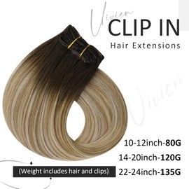 Vivien Clip-In Real Hair Extensions, Remy Clip-In Real Hair Extensions, Balayage Dark Brown Ombre to Honey Blonde Mixed Platinum Blonde #4/14/60, 40 cm, 7 Pieces, 120 g